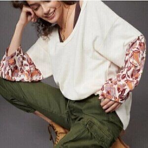 ANTHROPOLOGIE ANTHRO Annette Top Cream Beige Floral Sleeve Waffle Knit Thermal M